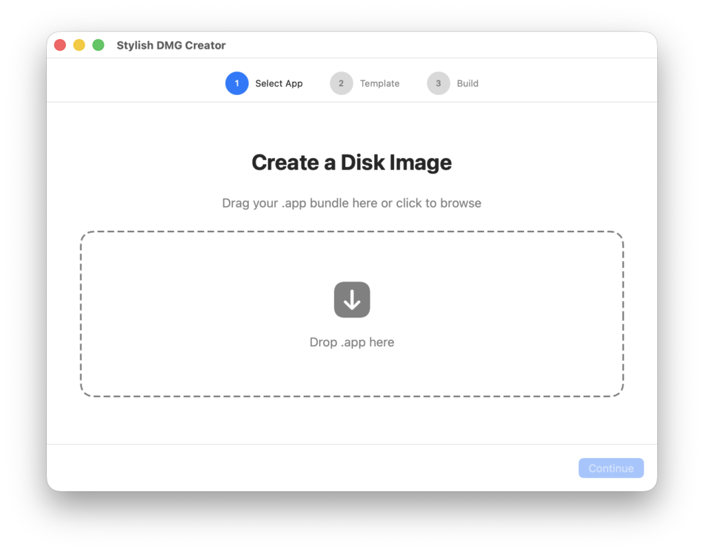DMG Builder UI: Step 1 Select App highlighted; page heading reads 'Create a Disk Image' with a dashed drop area labeled 'Drop .app here' for dragging a bundle.