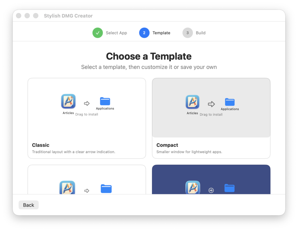 DMG Builder: Choose a template with three options—Classic, Compact, and Spacious cards on the screen.
