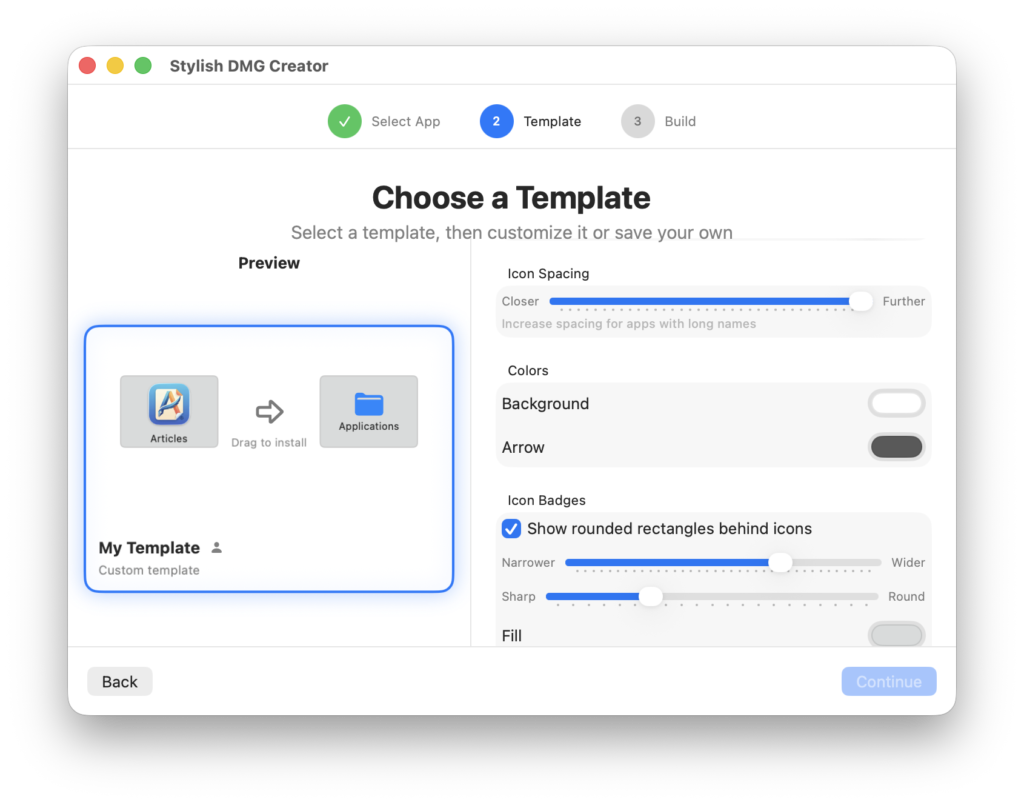 Screenshot of a Mac DMG Builder: 'Choose a Template' step with a highlighted left template thumbnail and right-side color/settings panel.