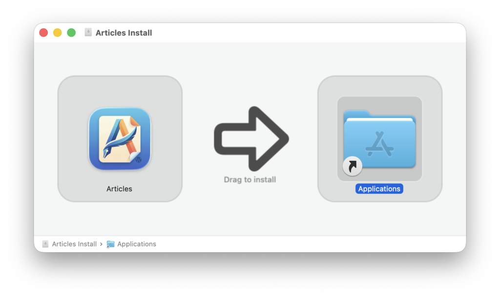 Un ejemplo de un archivo DMG montado en macOS, creado con Stylish DMG Creator